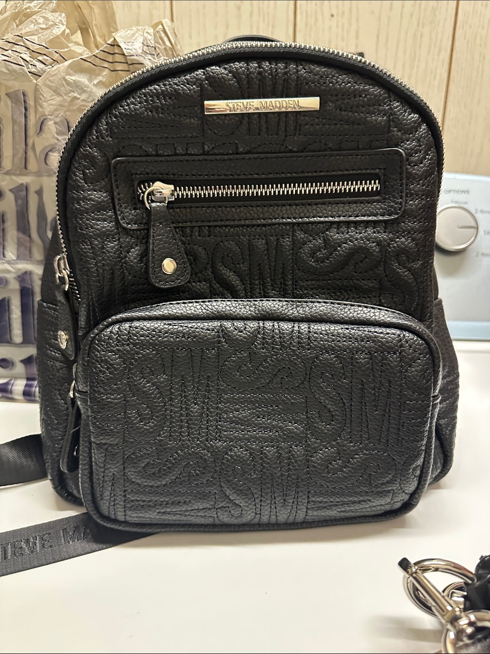 Steve Madden Black Embossed Mini Backpack with Silver Hardware